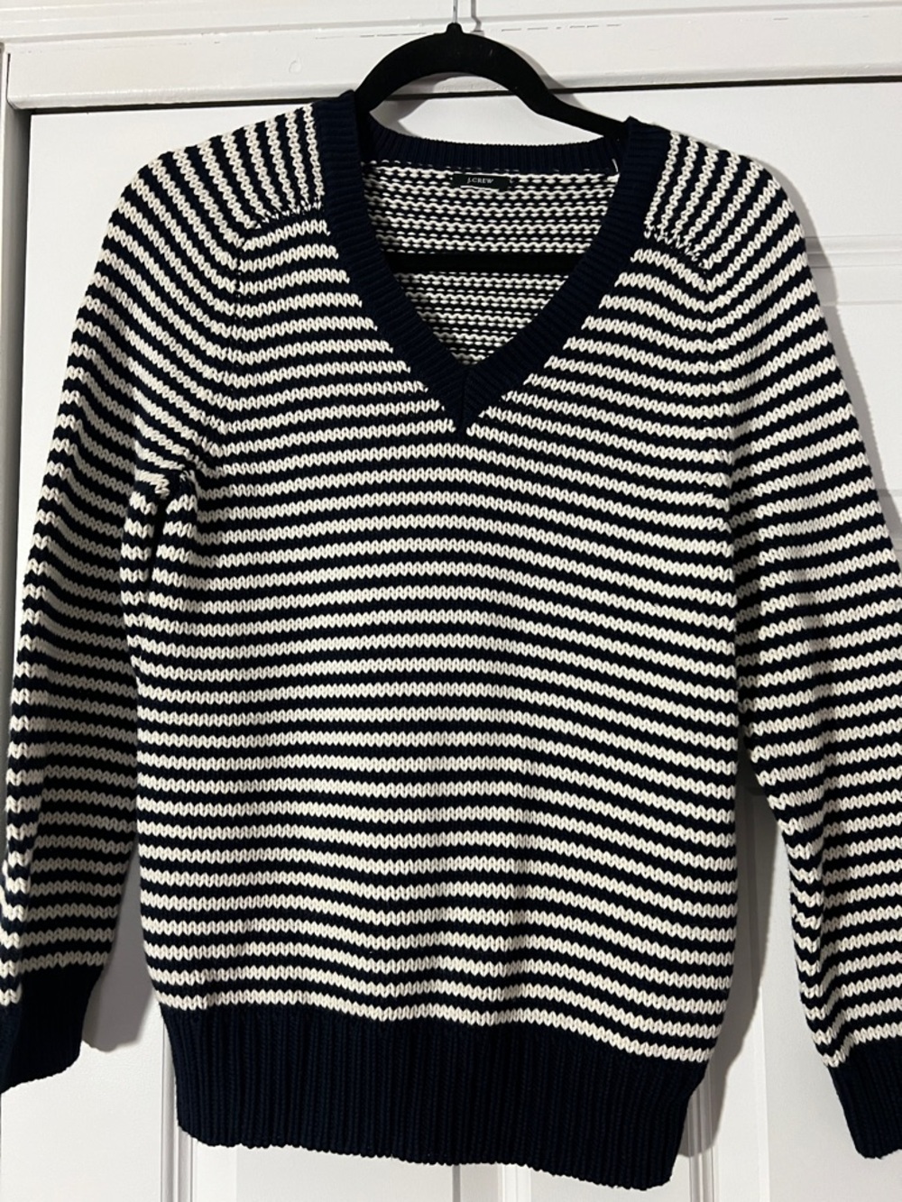J. Crew Navy and White Striped V-Neck Sweater
